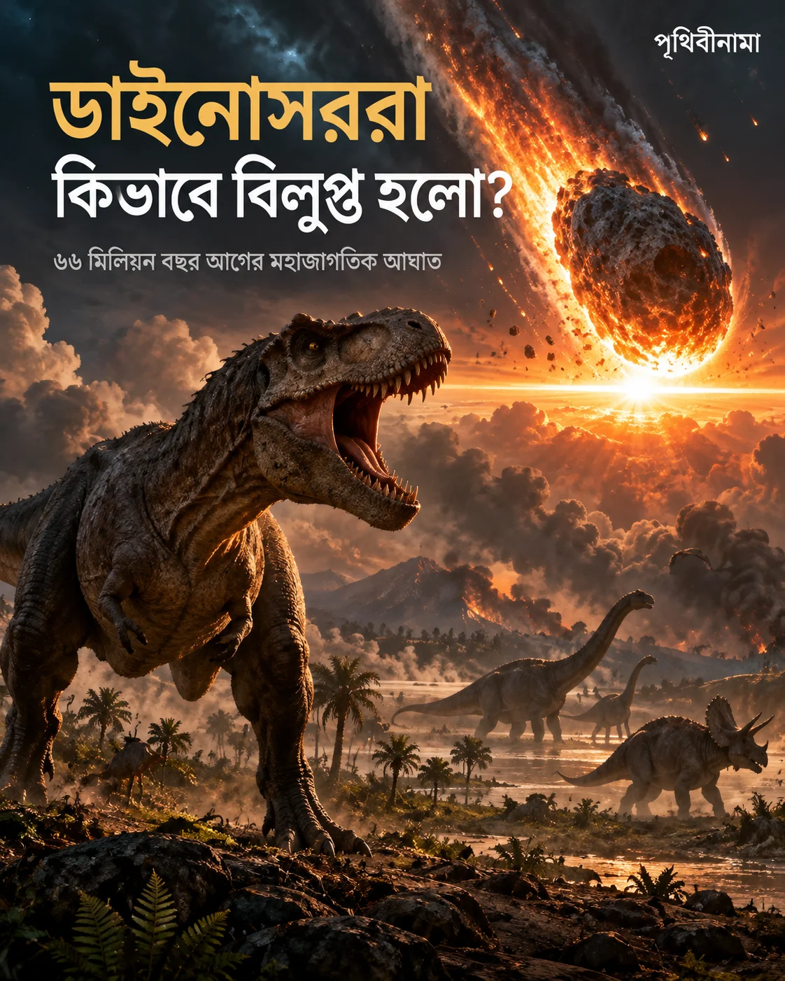 গ্রহাণুর আঘাত ও ডাইনোসর দেখানো বিলুপ্তির কল্পচিত্র